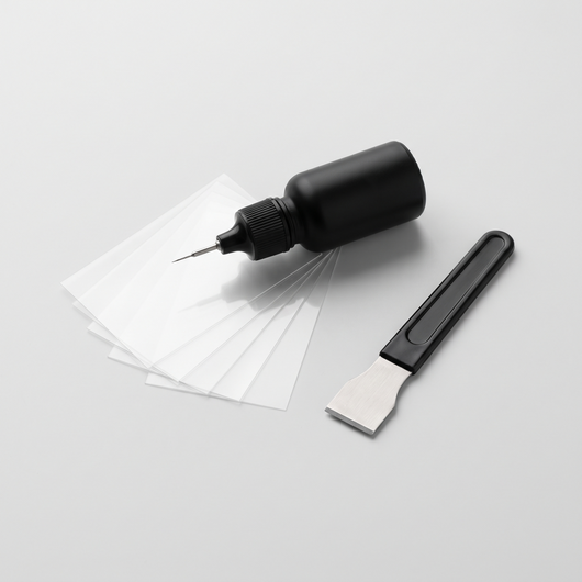 VANZANT GlassFix windshield repair kit: resin applicator, curing films and razor blade