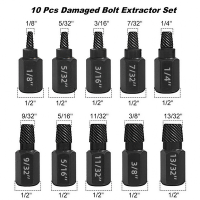Brivenlo 10PCS damaged bolt extractor set, ten sizes from 1/8 to 13/32 inch on 1/2 inch hex bodies
