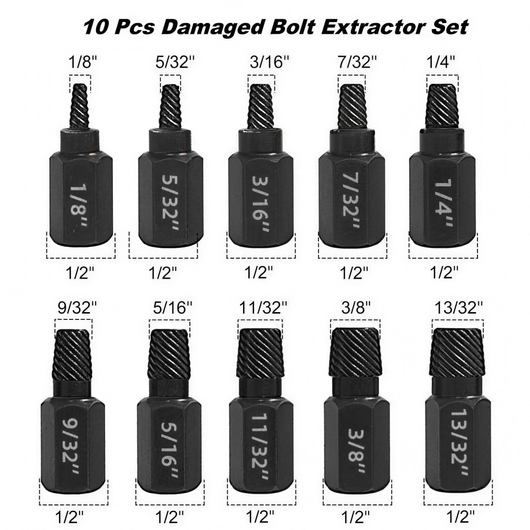 Brivenlo 10PCS damaged bolt extractor set, ten sizes from 1/8 to 13/32 inch on 1/2 inch hex bodies