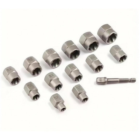 Thirteen Brivenlo extractor sockets and the 1/4 inch hex drive adapter laid out